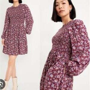 Old Navy Fit & Flare lg.Sleeve Mini Dress Burgundy Ditsy Floral smock women SZ M